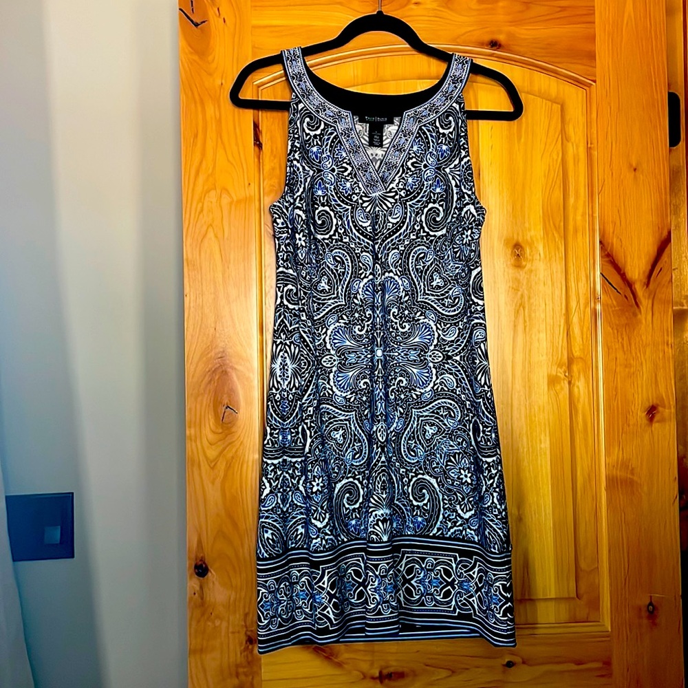 White House Black Market Blue Black Print Sleeveless Dress Size Small